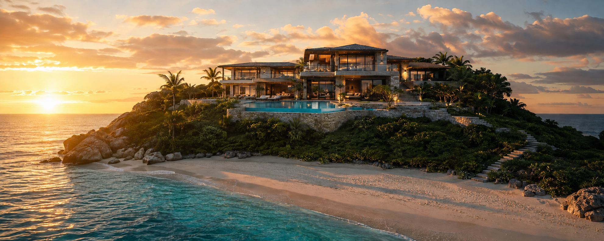Luxury villa overlooking a beach at sunset